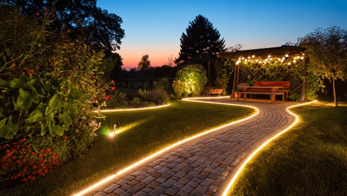 Iluminación de jardines por la noche
