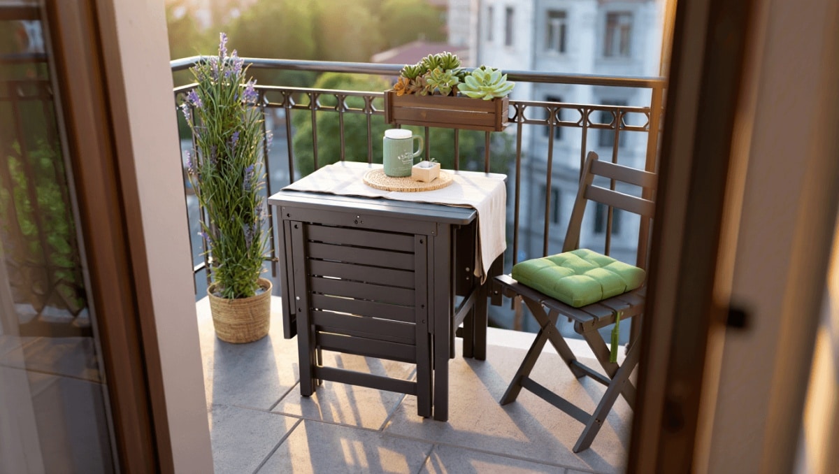 Terrazas mínimas con muebles plegables y plantas