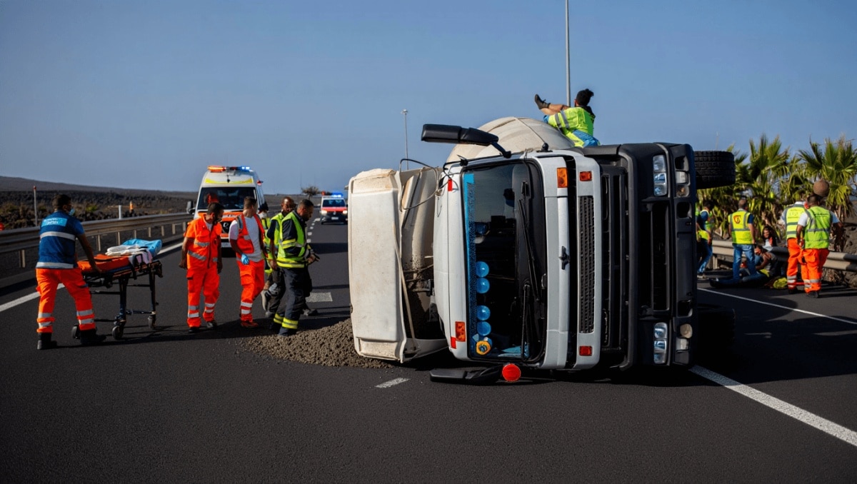 
Camionero herido al volcar su hormigonera en la vía de acceso al aeropuerto de Lanzarote
