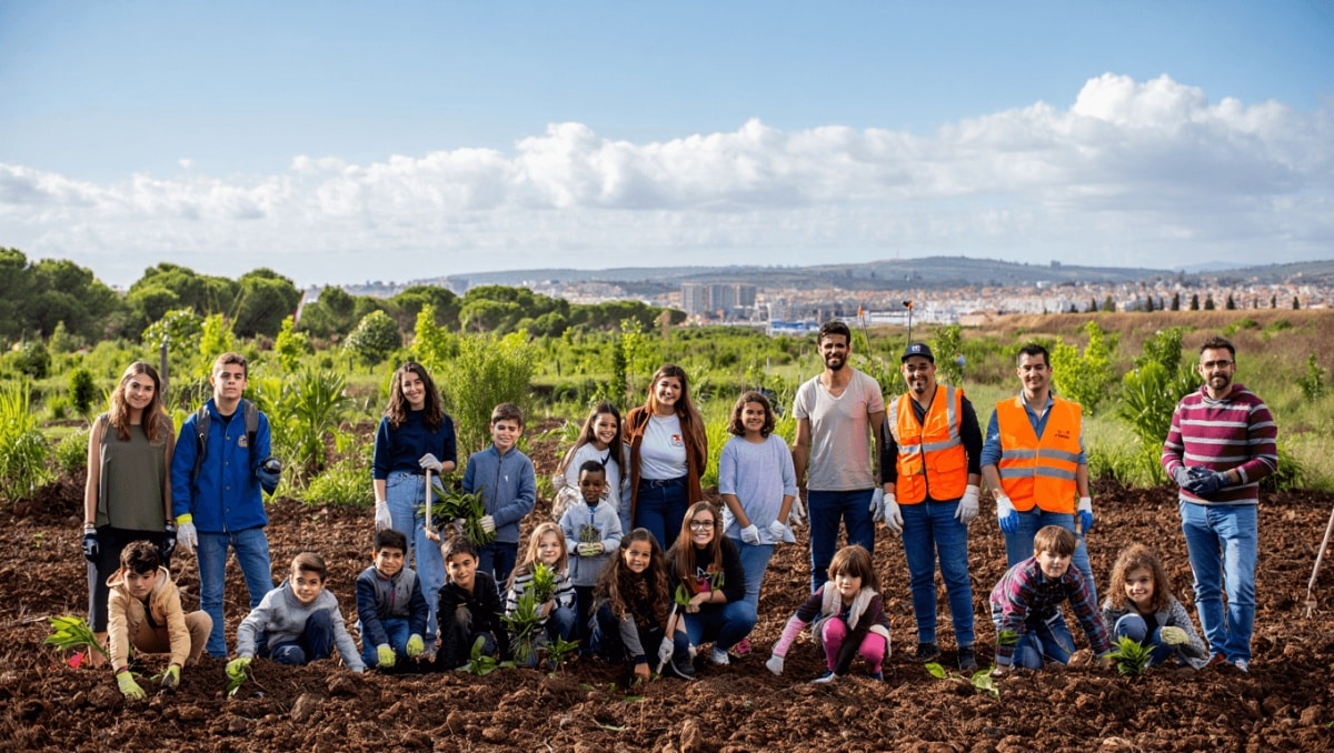 Plantación de árboles y arbustos en un parque urbano