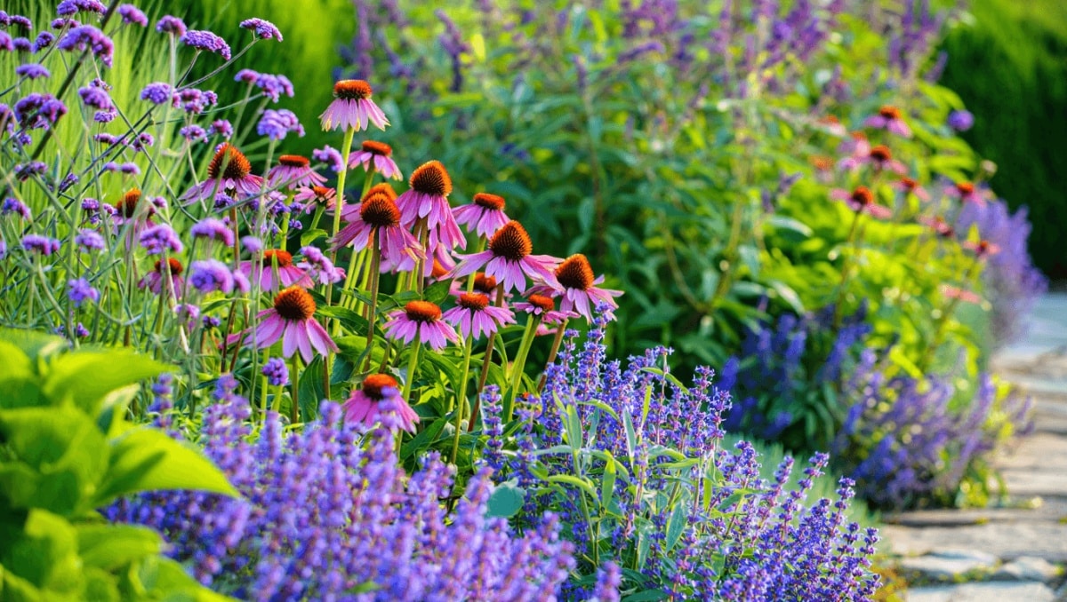 Jardín de verano con equinácea salvia y verbena