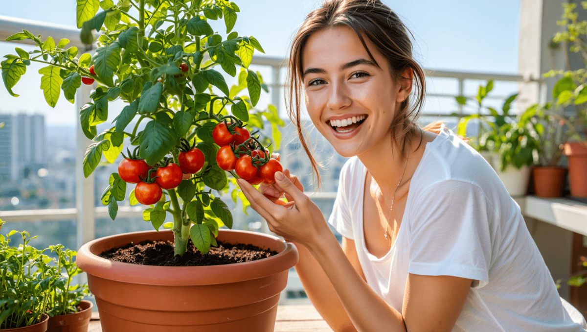 huerto en macetas con plantas de tomate