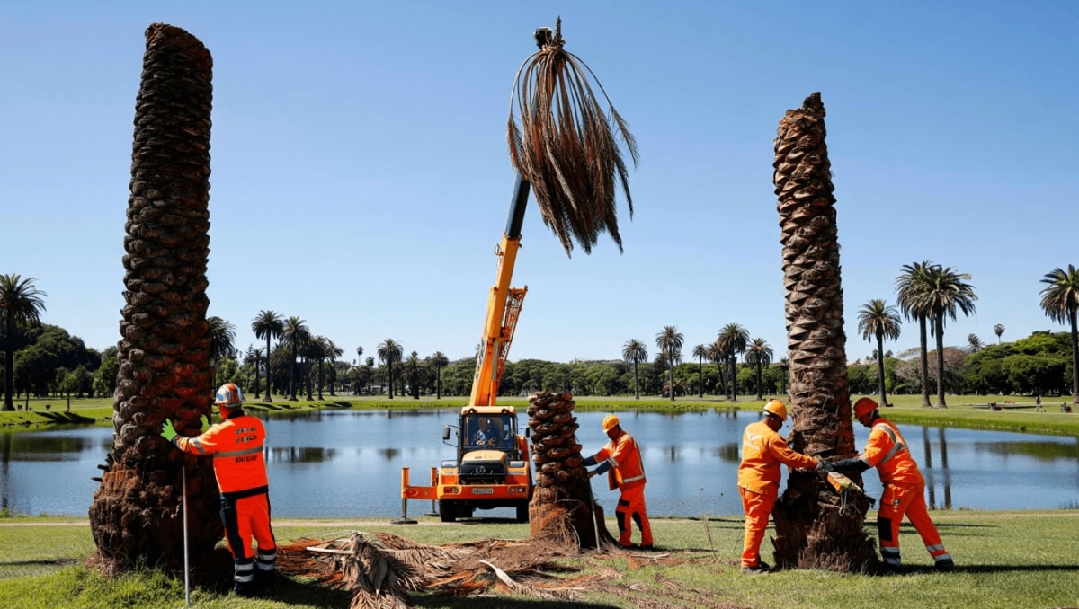 Operarios trabajando en la retirada de palmeras