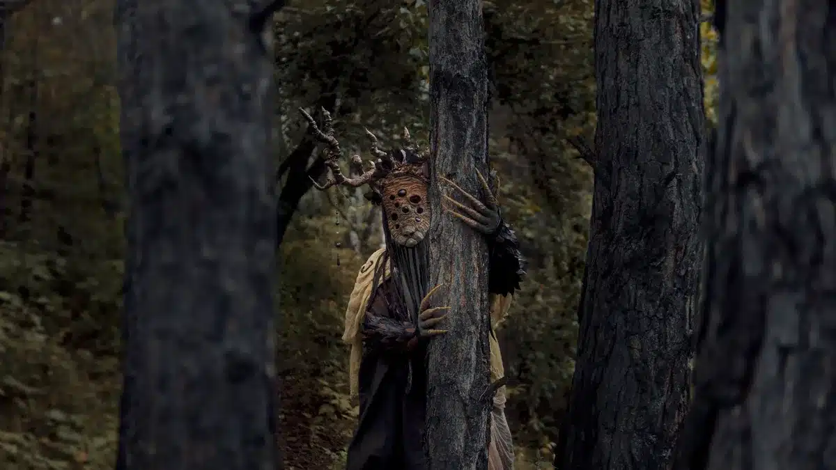 Escena de bosque fantástico con criaturas y elementos de fantasía oscura