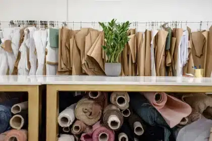 Espacio de diseño de moda con telas, tableros de inspiración y bocetos sobre escritorio