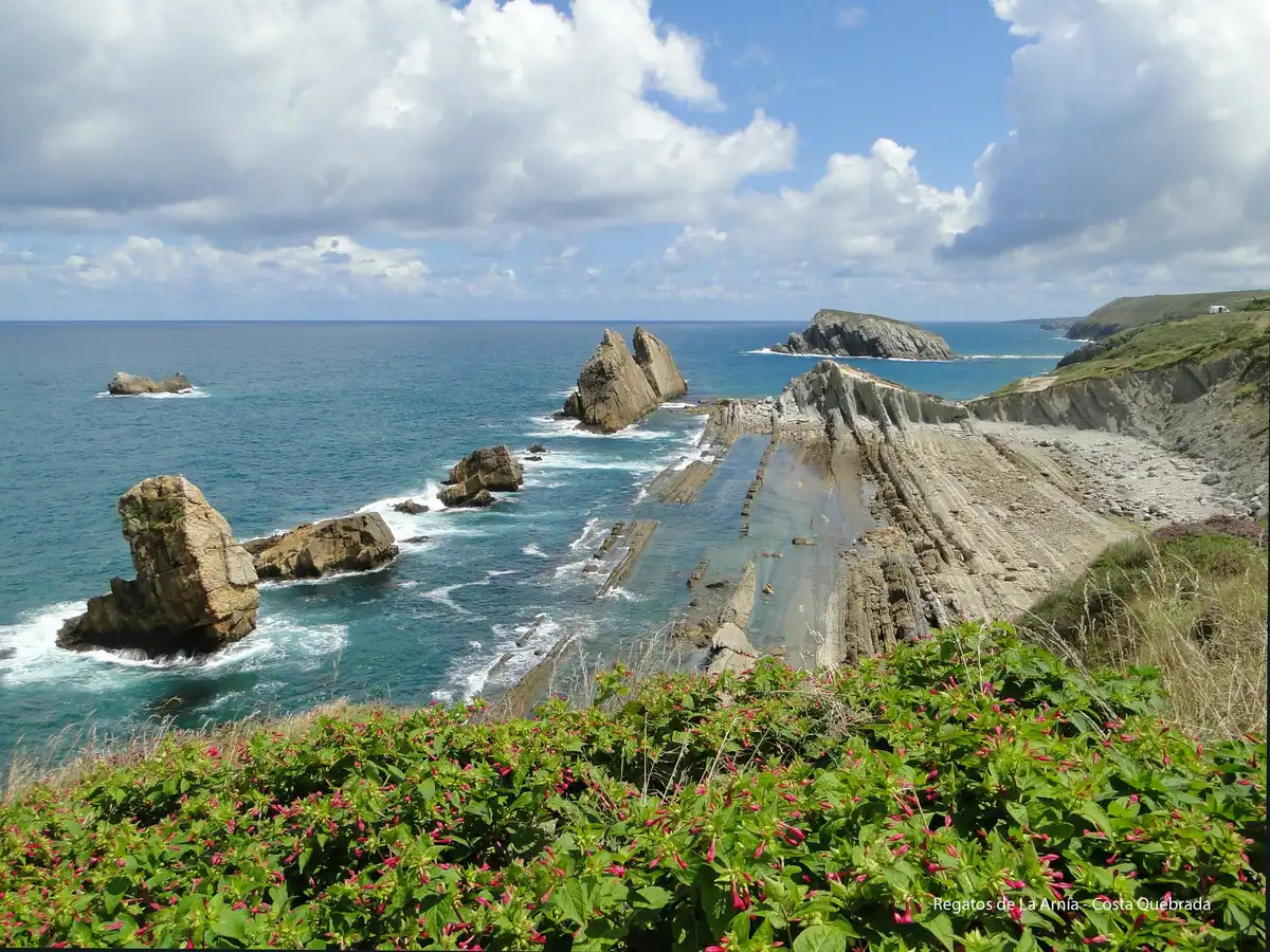 Costa gallega con acantilados verdes y playa de Oleiros, La Coruña