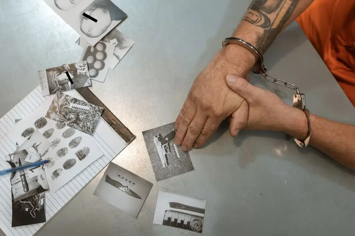 Documentos de investigaci&oacute;n policial y pruebas sobre una mesa de an&aacute;lisis