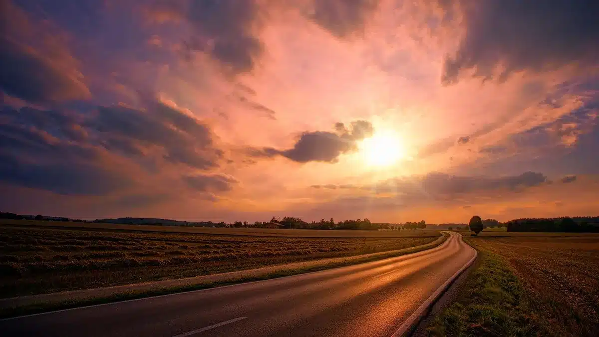 Paisaje al amanecer con una estructura negra y siluetas de animales