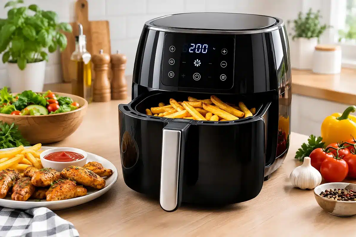 Empty kitchen counter with an unbranded modern air fryer and recipe book nearby, no people, soft morning light