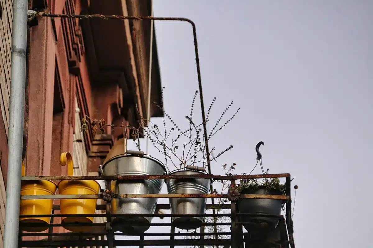 Semilleros caseros en macetas recicladas sobre un balcón soleado